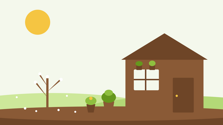 Overvintring af sarte planter — flad illustration af potteplanter, der er sat til ly op ad et skur i en frostklædt vinterhave