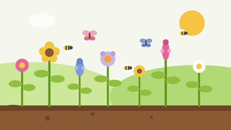 Bestøverhaveblomster til bier og sommerfugle — flad illustration af en blandet rabat med enkeltblomstrede blomster, hvor bier og sommerfugle søger føde