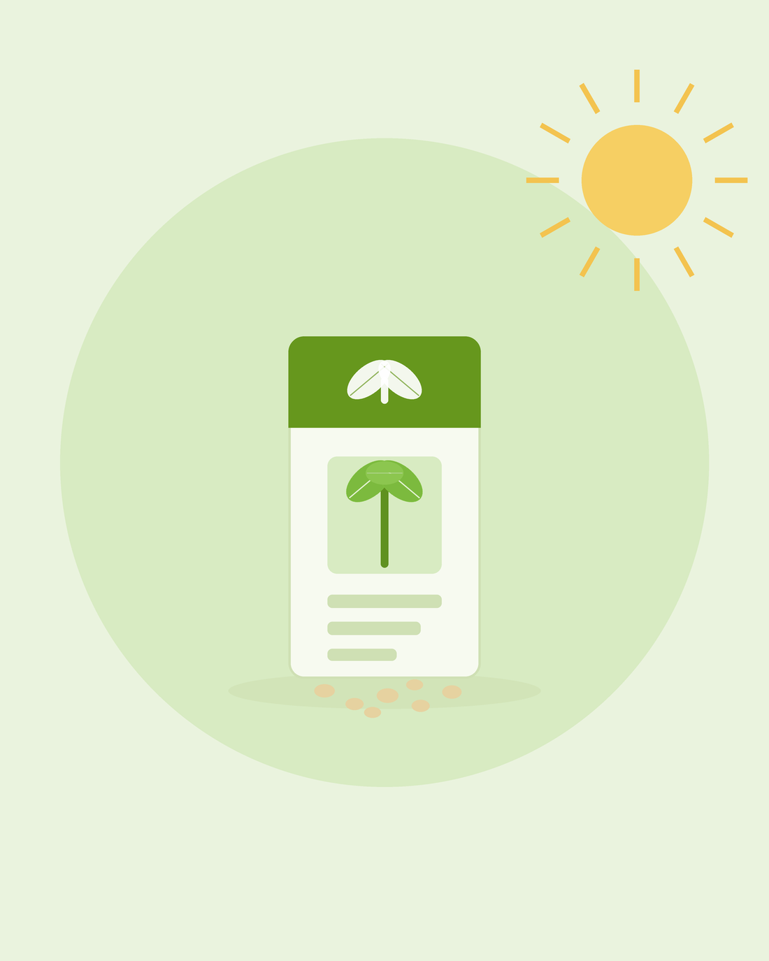 Flad illustration af en frøpose med et spireemblem og frø, der drysser ud – forstå frøposen, fra SeedsChoice
