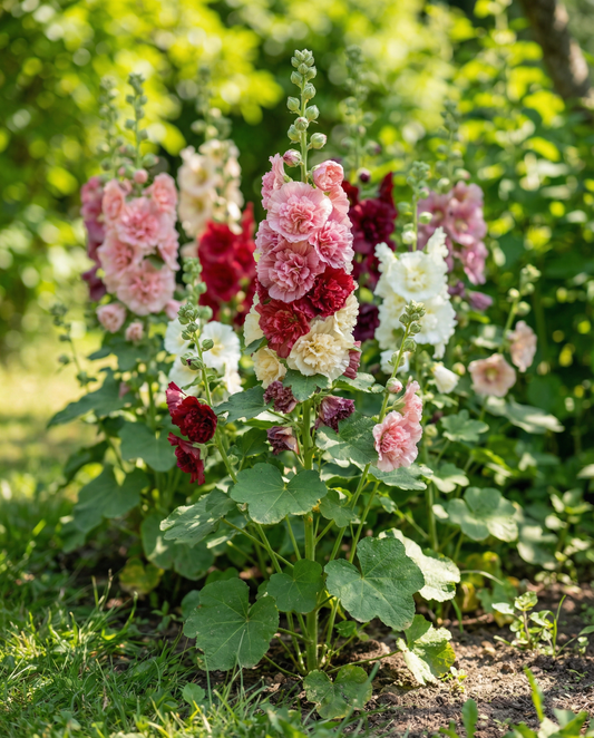 Stokrose Antwerp Stars (Alcea rosea) – frø til toårig blanding fra SeedsChoice