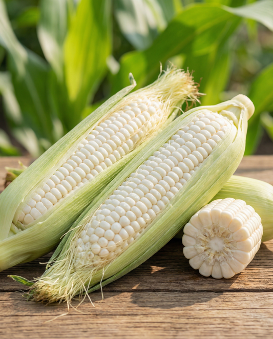 Sukkermajs Glacial White Kernels (Zea mays) – frø til enårig grøntsag fra SeedsChoice