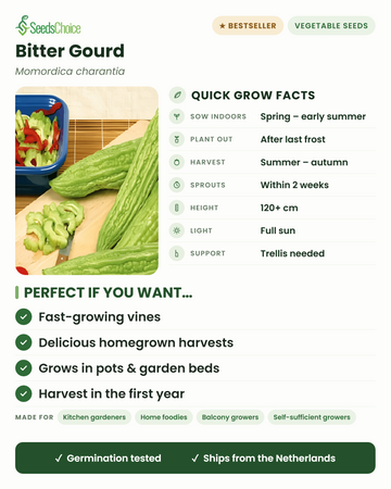 Bitter Gourd Momordica charantia hurtigfakta: så indendørs om foråret, plant ud efter sidste frost, høst sommer til efterår, klatrende ranker op til 120+ cm på espalier, fuld sol